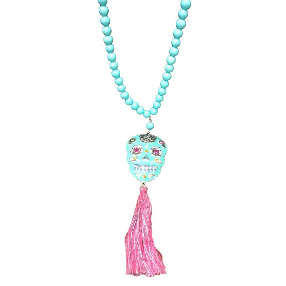 OORI -21" long Green & Pink Goth Skull with Rose & Tassel- Necklace